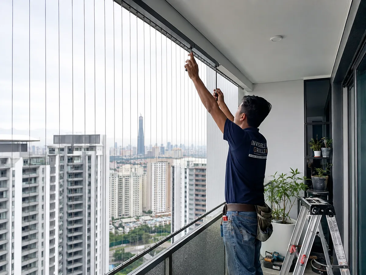 Professional technician installing invisible grille cables on condo balcony