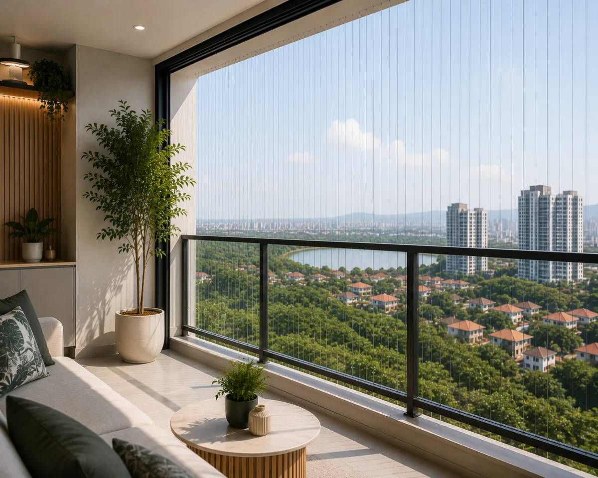 Invisible bird grill installed on a balcony to reduce bird entry without blocking airflow.