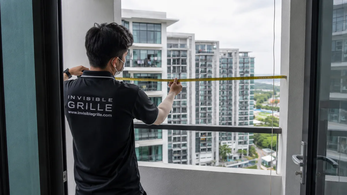 Installer memeriksa kekuatan tegangan kabel invisible grille