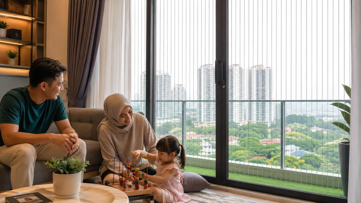 Keluarga Malaysia berehat dengan selamat berhampiran balkoni yang dilindungi invisible grille