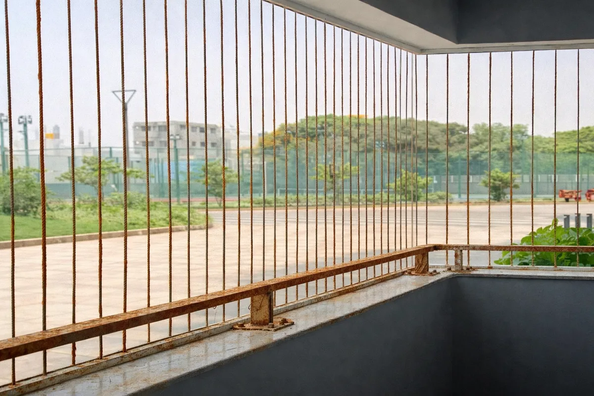 An example of an invisible grill window installed on a house window for child safety.