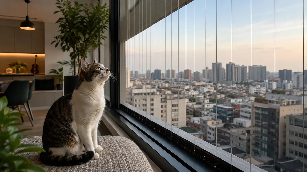 Cat sitting safely near balcony protected by invisible grille with city view