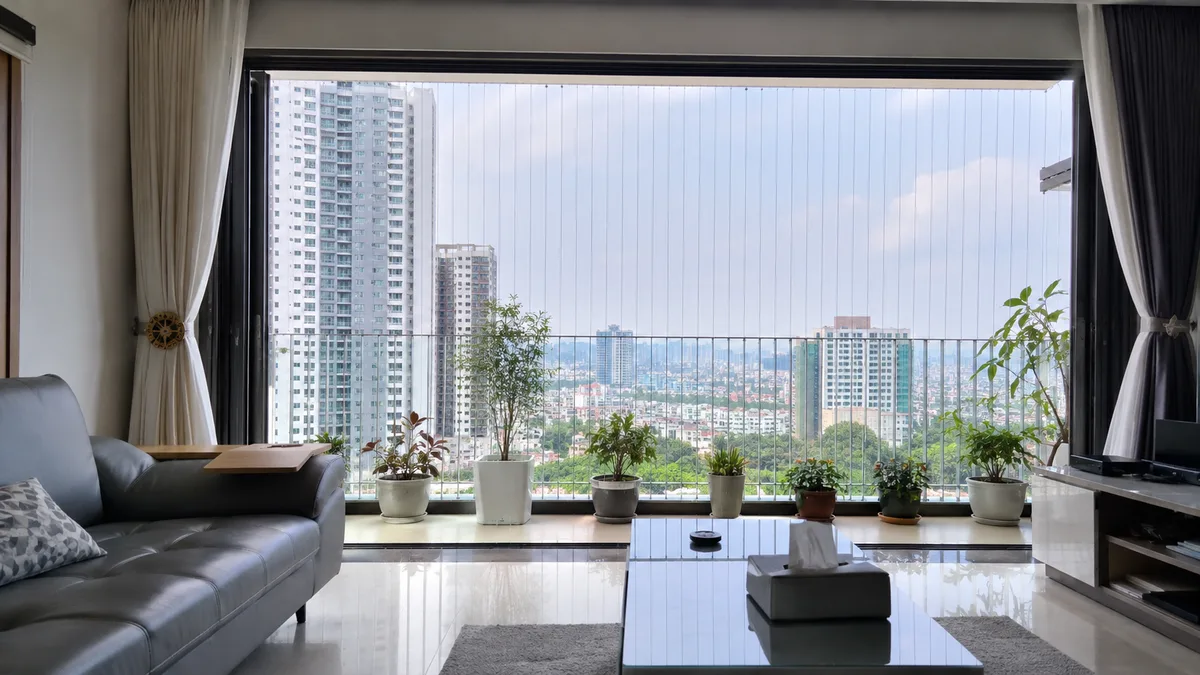 Invisible grille installed on modern apartment window in Malaysia