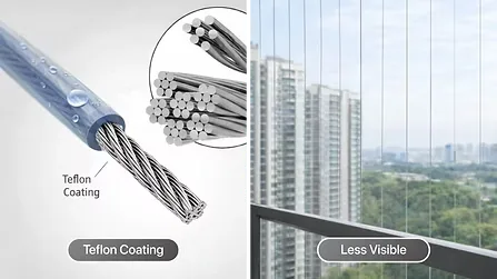 Invisible grill for balcony with horizontal cable layout and strong wall brackets.
