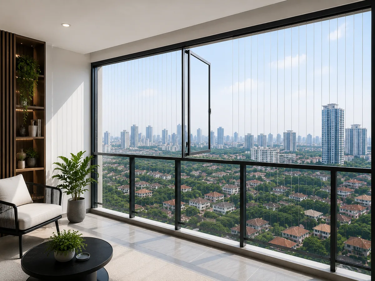 Install invisible grill service shown on a condo balcony before final tensioning.