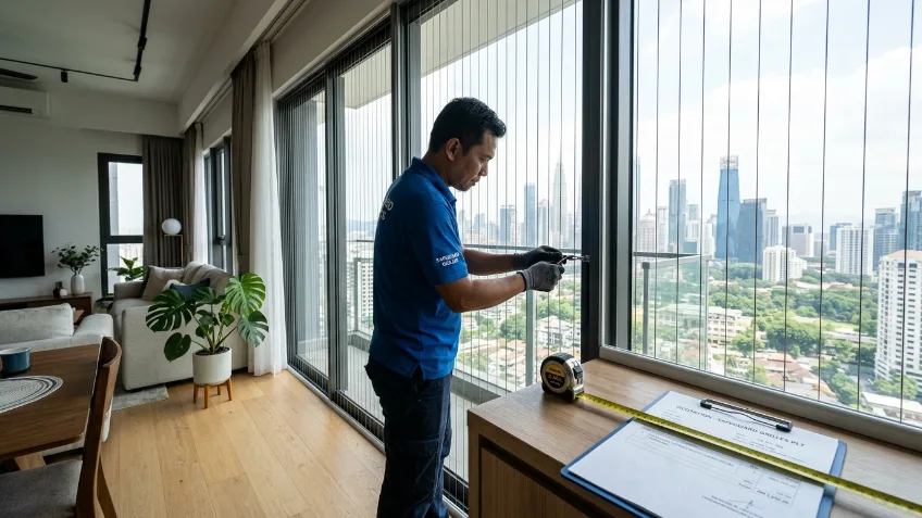 Juruteknik mengukur balkoni kondominium sebelum pemasangan invisible grille