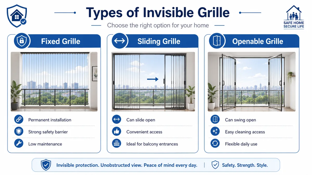 Comparison of fixed sliding and openable invisible grille systems