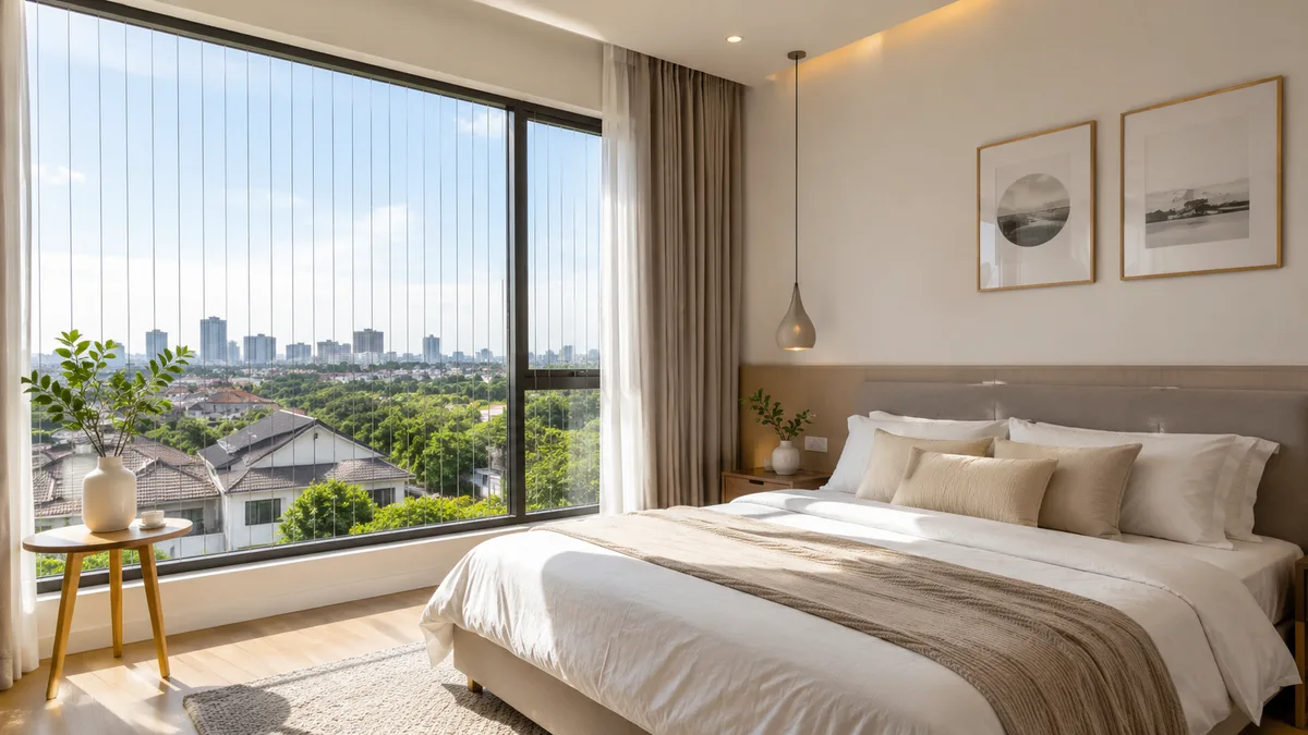 Modern bedroom window fitted with invisible grille system for added safety