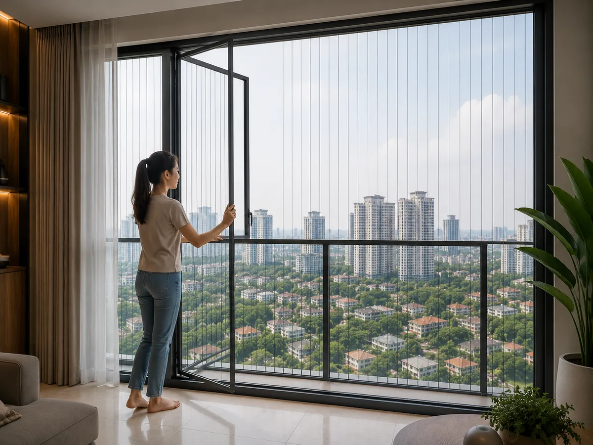 Invisible safety grill fitted across a condo balcony with minimal visual blockage.
