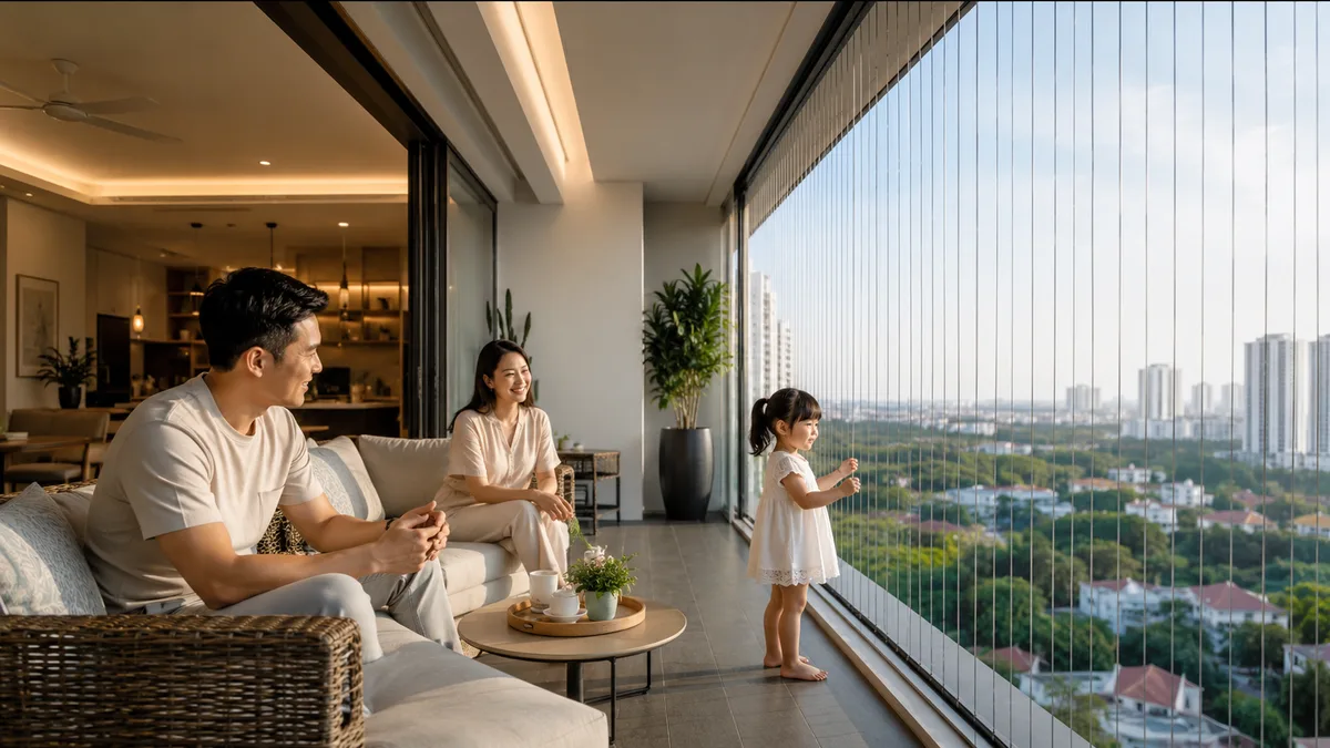 Child safely playing near balcony protected by invisible grille system