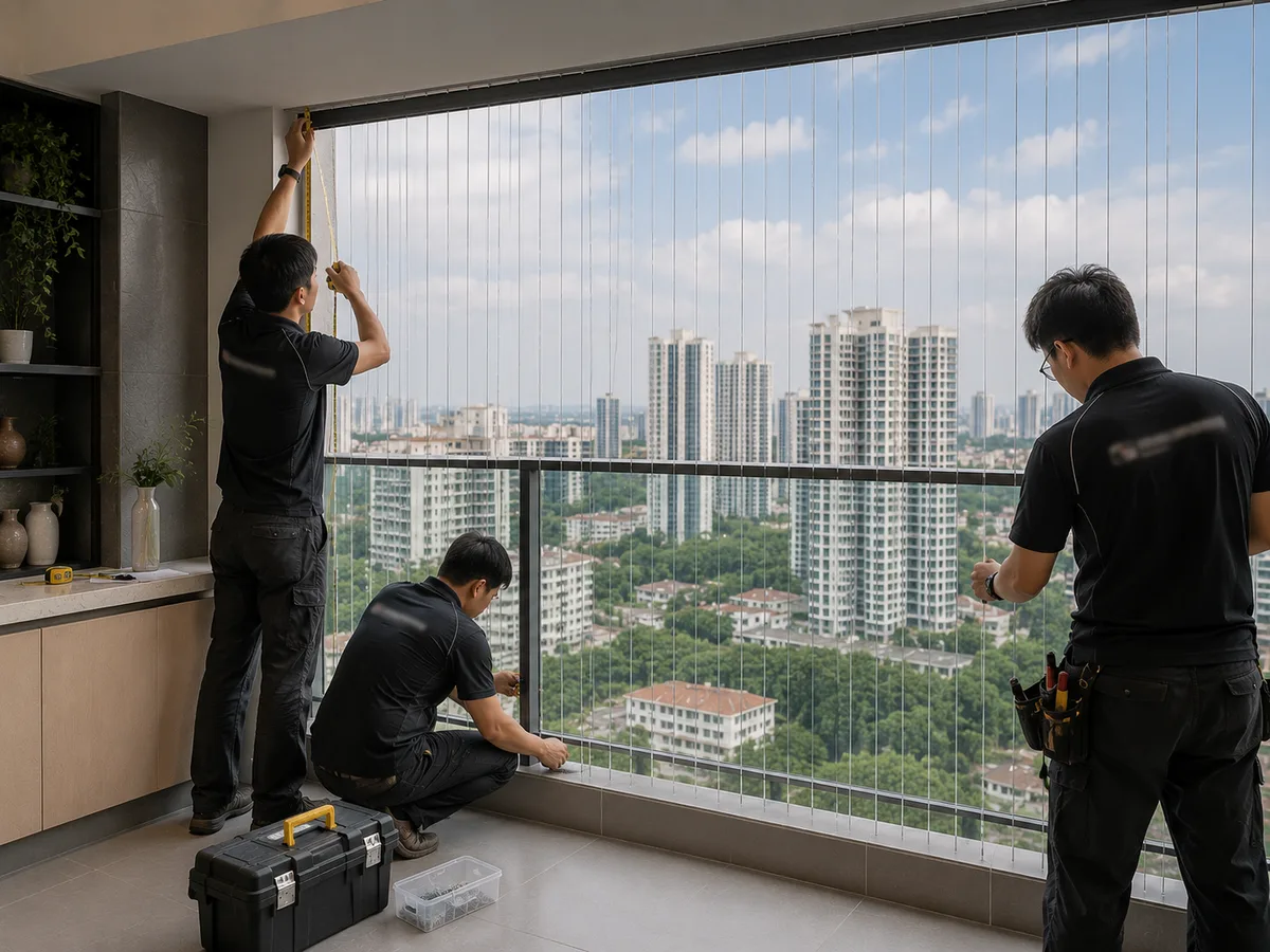 Stainless steel invisible grill for balcony with neat framing and tensioned wires.
