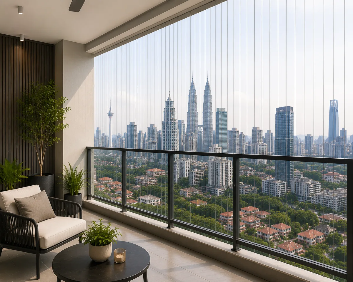Invisible wire grill covering a full height balcony opening in a condominium.