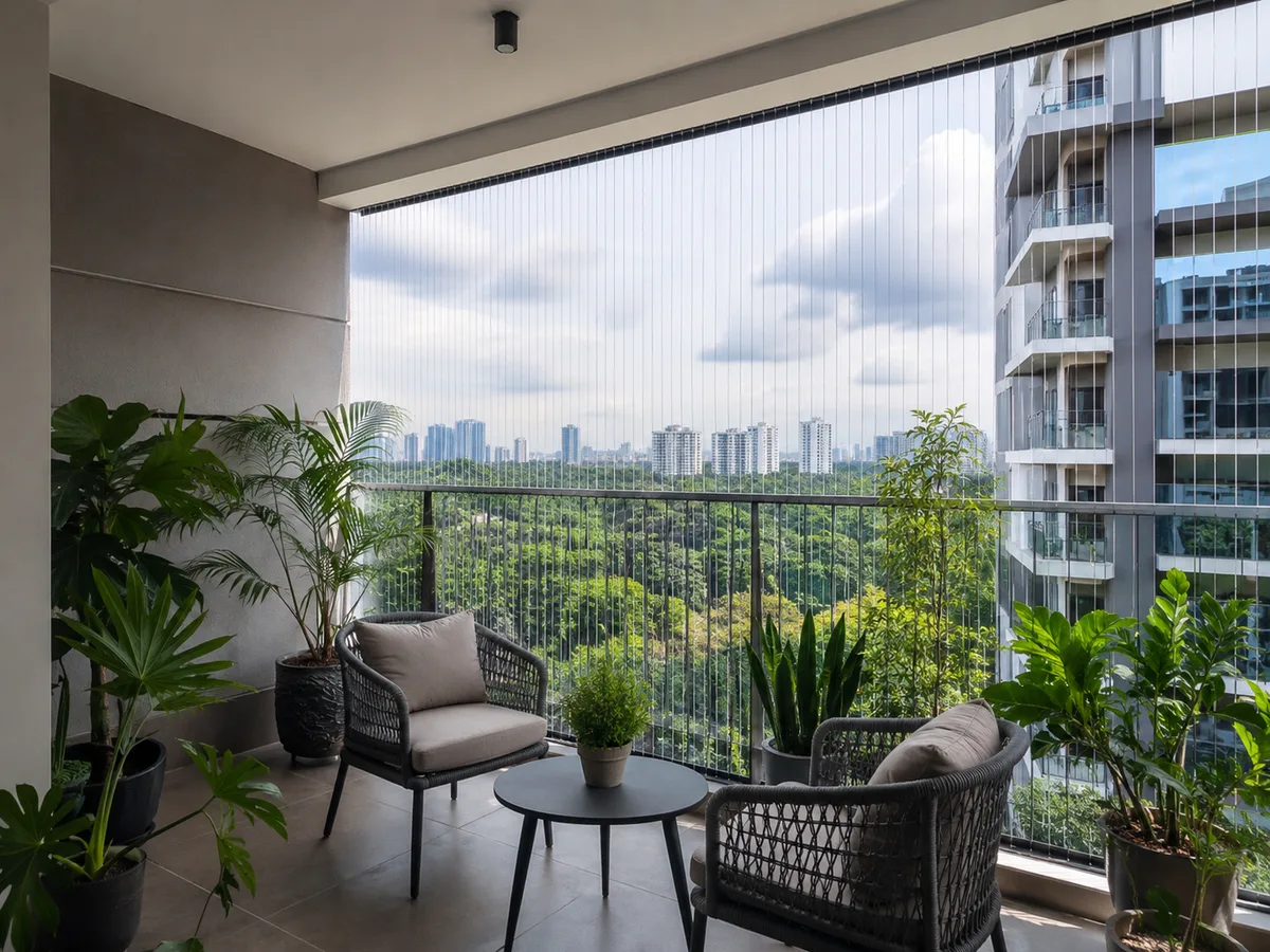 Balcony grill invisible design with almost clear sightlines toward the outdoor view in Damansara.