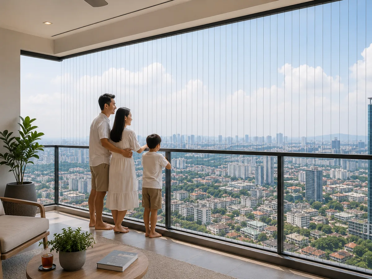 Invisible safety grill fitted across a condo balcony with minimal visual blockage.
