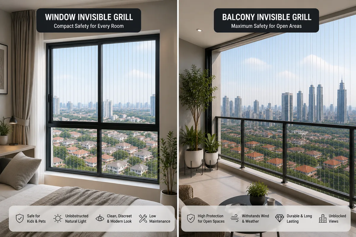 Invisible safety grill fitted across a condo balcony with minimal visual blockage.