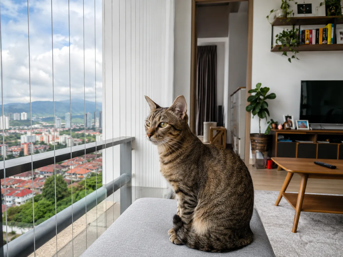 Cat sitting safely near condo balcony protected by invisible grille