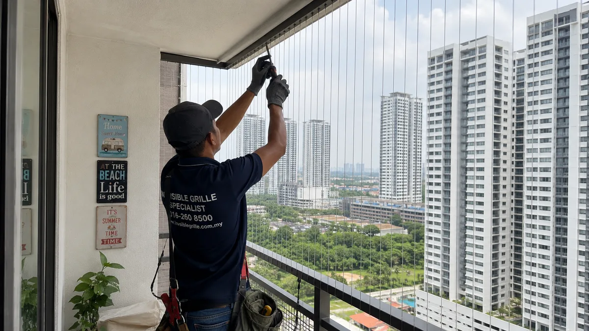 Technician installing invisible grille on condominium balcony in Selangor