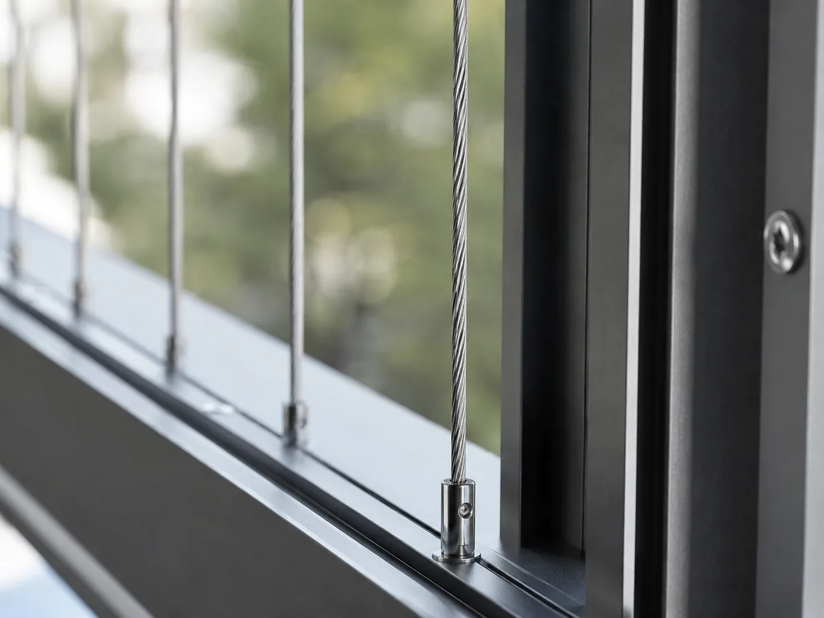 Close-up of stainless steel invisible grille cable and frame