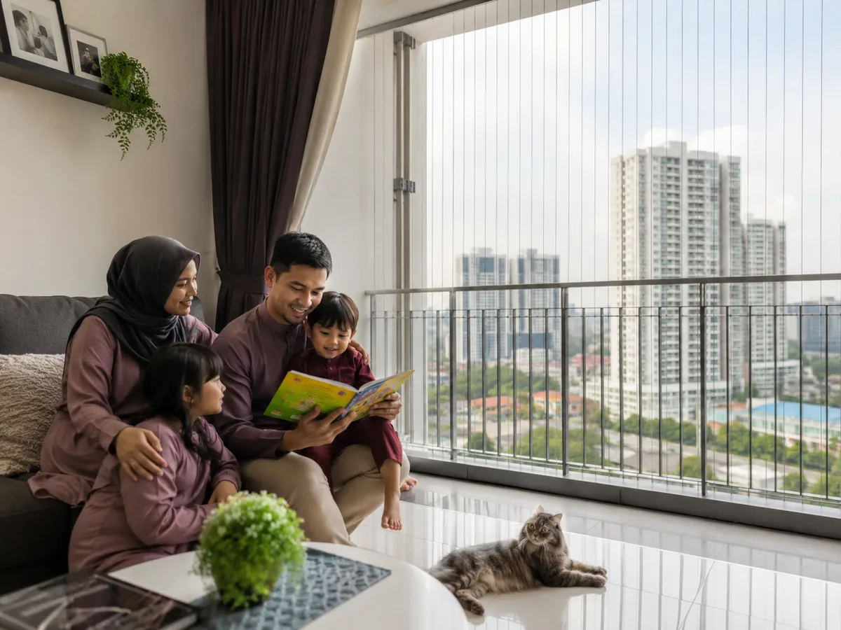 Malaysian family relaxing safely near balcony with invisible grille