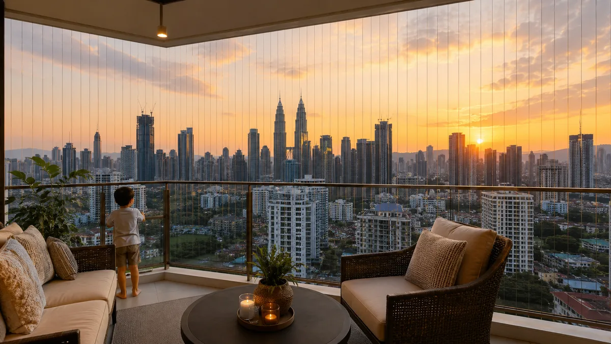 Modern condo balcony with clean invisible grille system installed