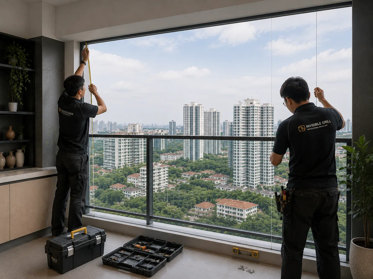 Invisible grill image showing a finished balcony setup in a high rise unit.