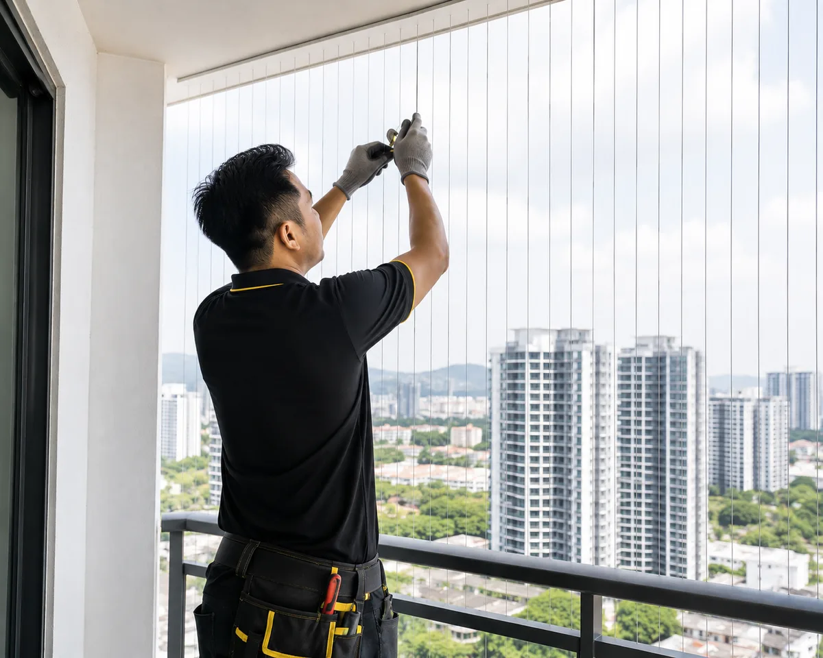 Invisible grill teflon dipasang pada balkoni rumah moden di Kuala Lumpur.