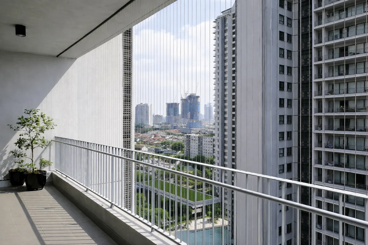 Example of invisible balcony grille in a modern apartment in Malaysia.