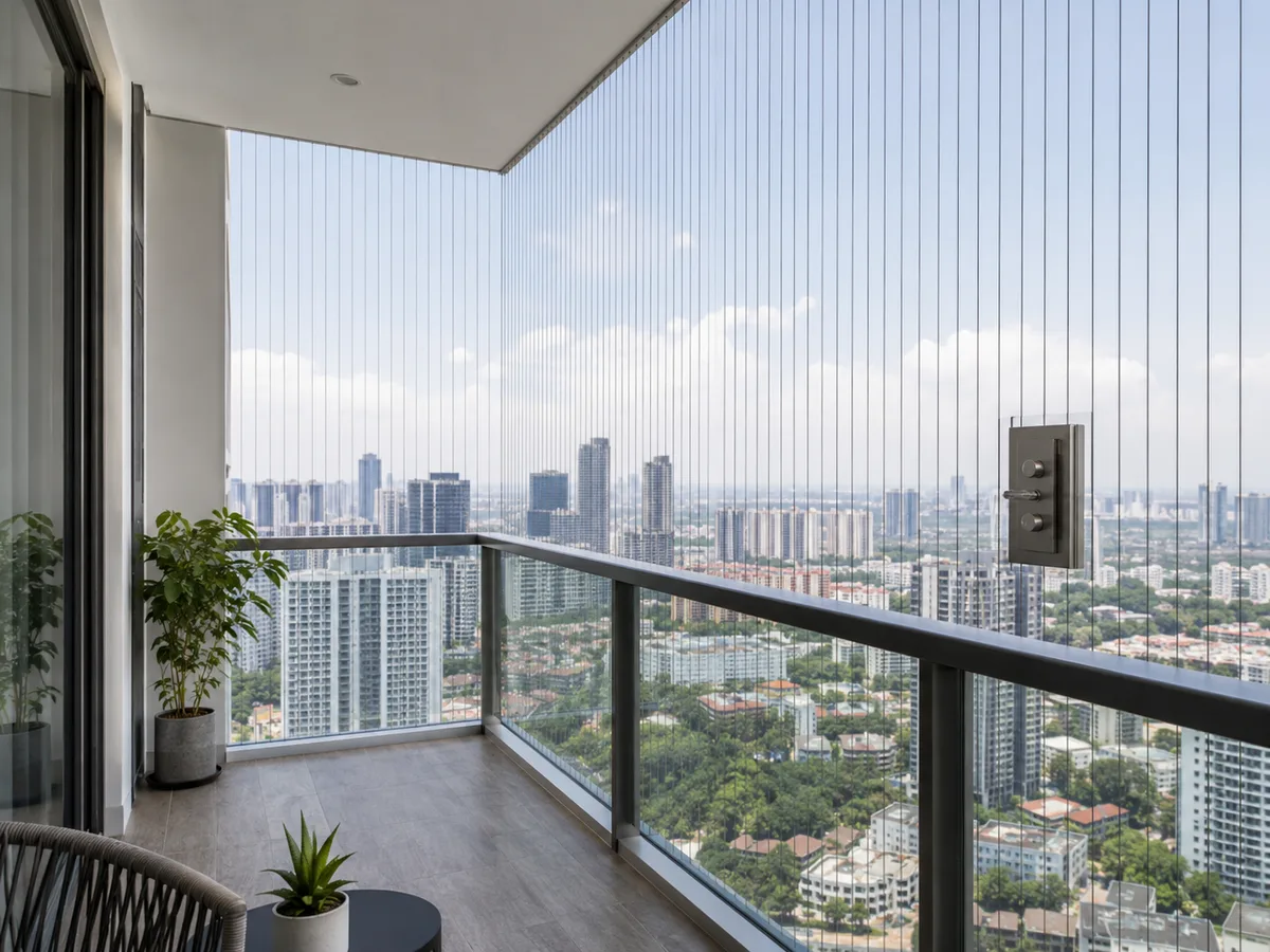 Invisible grill installed on a high rise balcony for safer family living in Malaysia.
