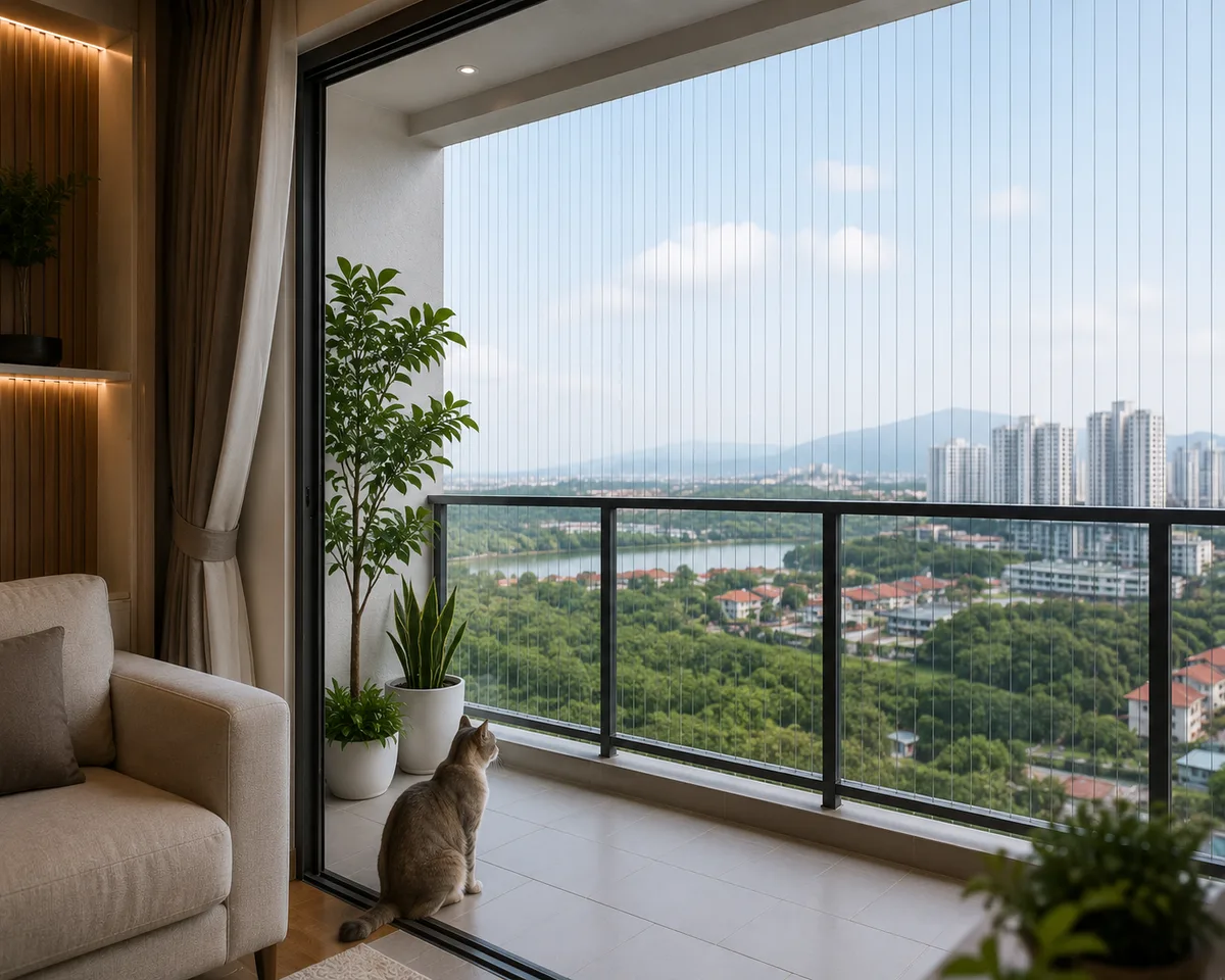 Invisible grill installed on a high rise balcony for safer family living in Malaysia.