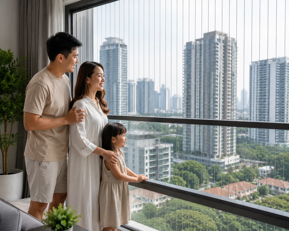 Invisible grill window installation for child safety in a city apartment.
