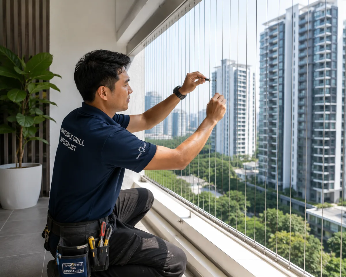 Invisible grill installation in progress with technician securing cable grill brackets in Shah Alam.