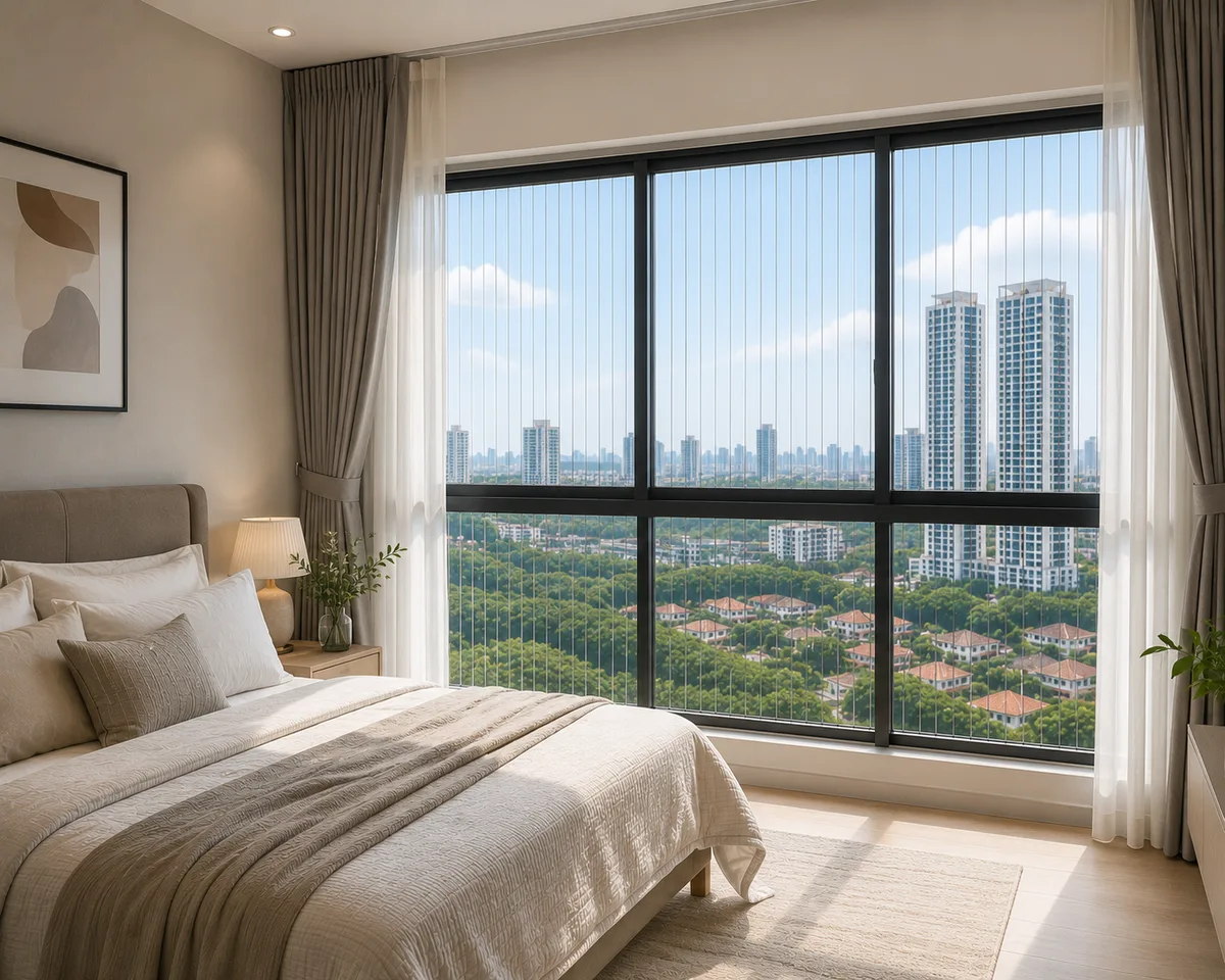 Teflon coated invisible grill cables installed on a residential balcony in Kuala Lumpur.