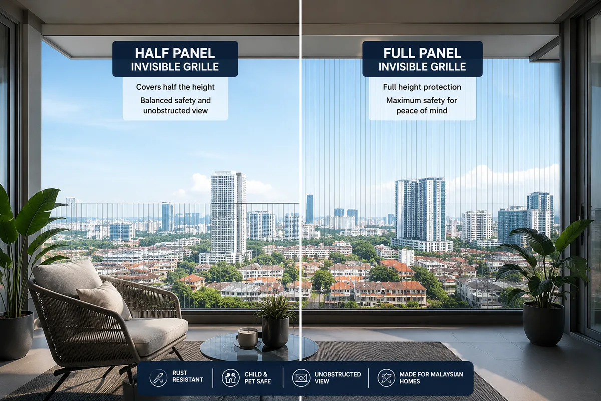Invisible grill installed on a high rise balcony for safer family living in Malaysia.