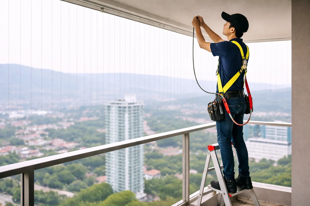 Invisible grill for balcony dipasang pada kondominium dengan pemandangan bandar.