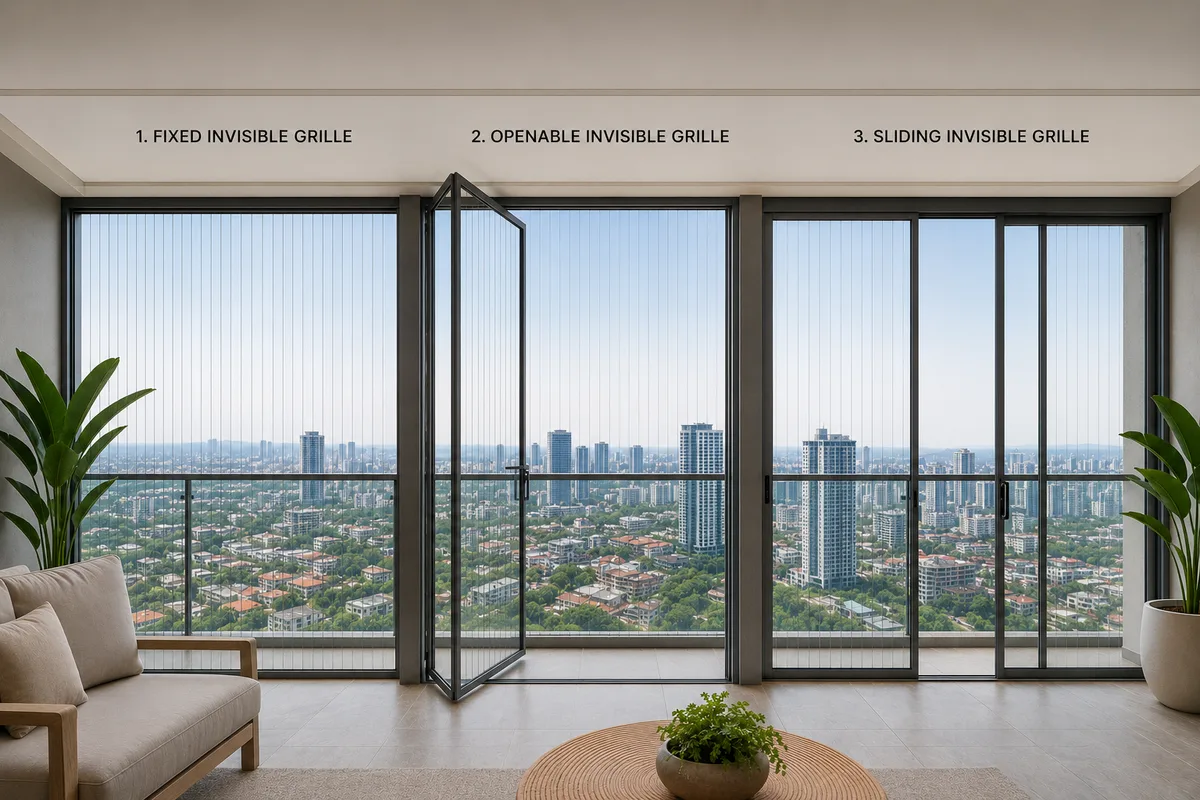 Invisible grill installed on a high rise balcony for safer family living in Malaysia.
