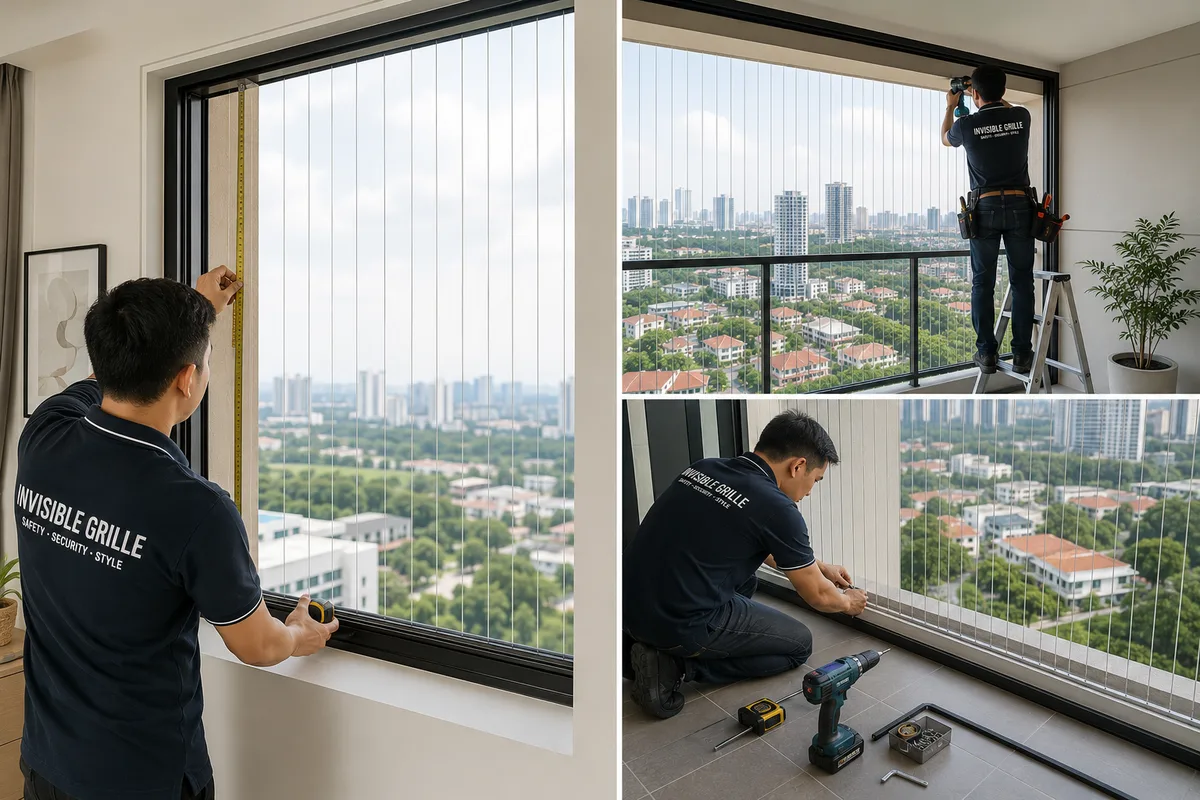 Invisible grill for balcony with horizontal cable layout and strong wall brackets.