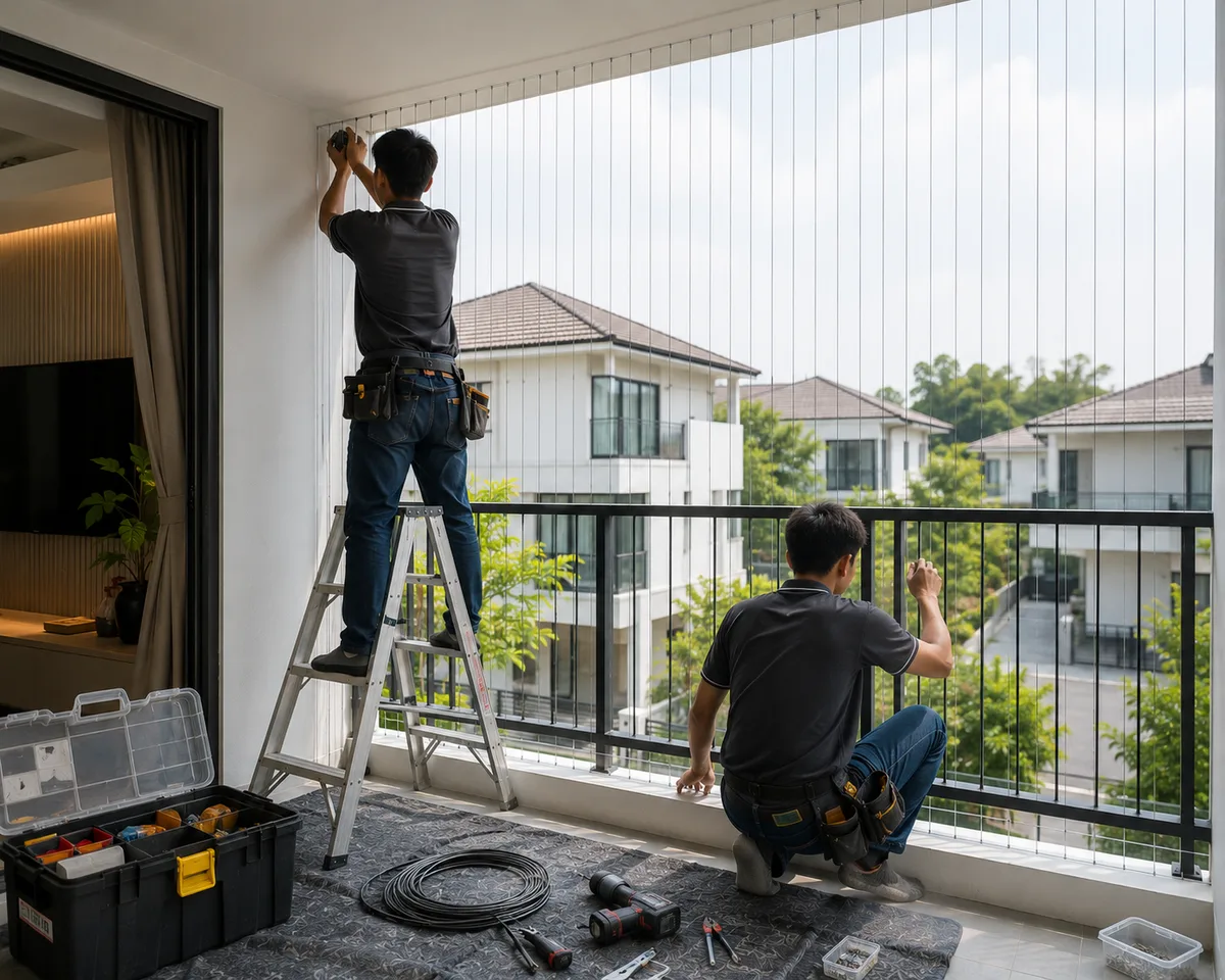 Teflon coated invisible grill cables installed on a residential balcony in Kuala Lumpur.