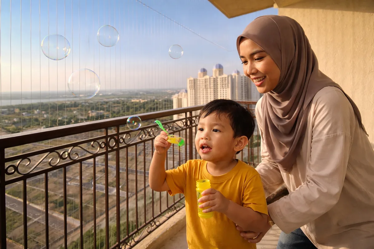 Invisible grill door dipasang untuk keselamatan tambahan di ruang yard apartmen.