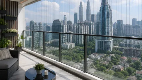 Invisible grill Malaysia: kabel balkoni kondo menghadap Menara Berkembar KL