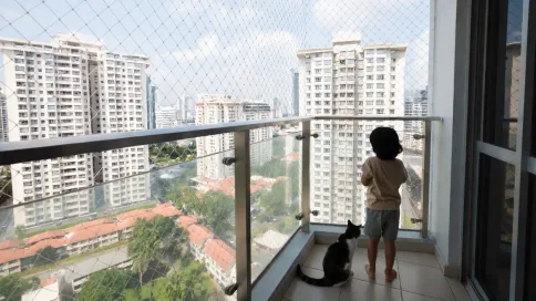Kanak-kanak dan kucing di balkoni yang dilindungi kabel invisible grill di Kuala Lumpur