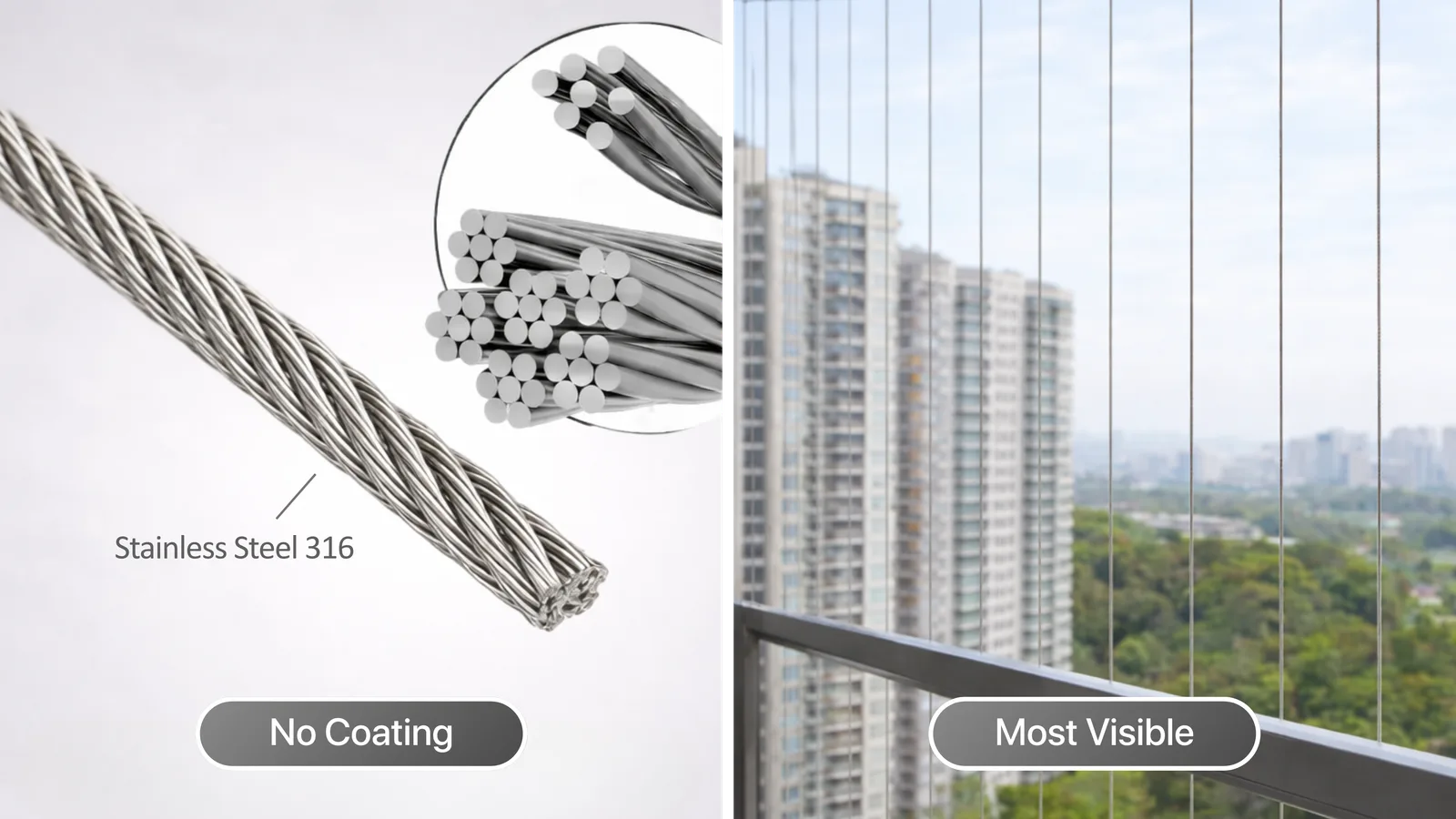Standard invisible grill wire in stainless steel 316 (no coating) beside a condo balcony installation