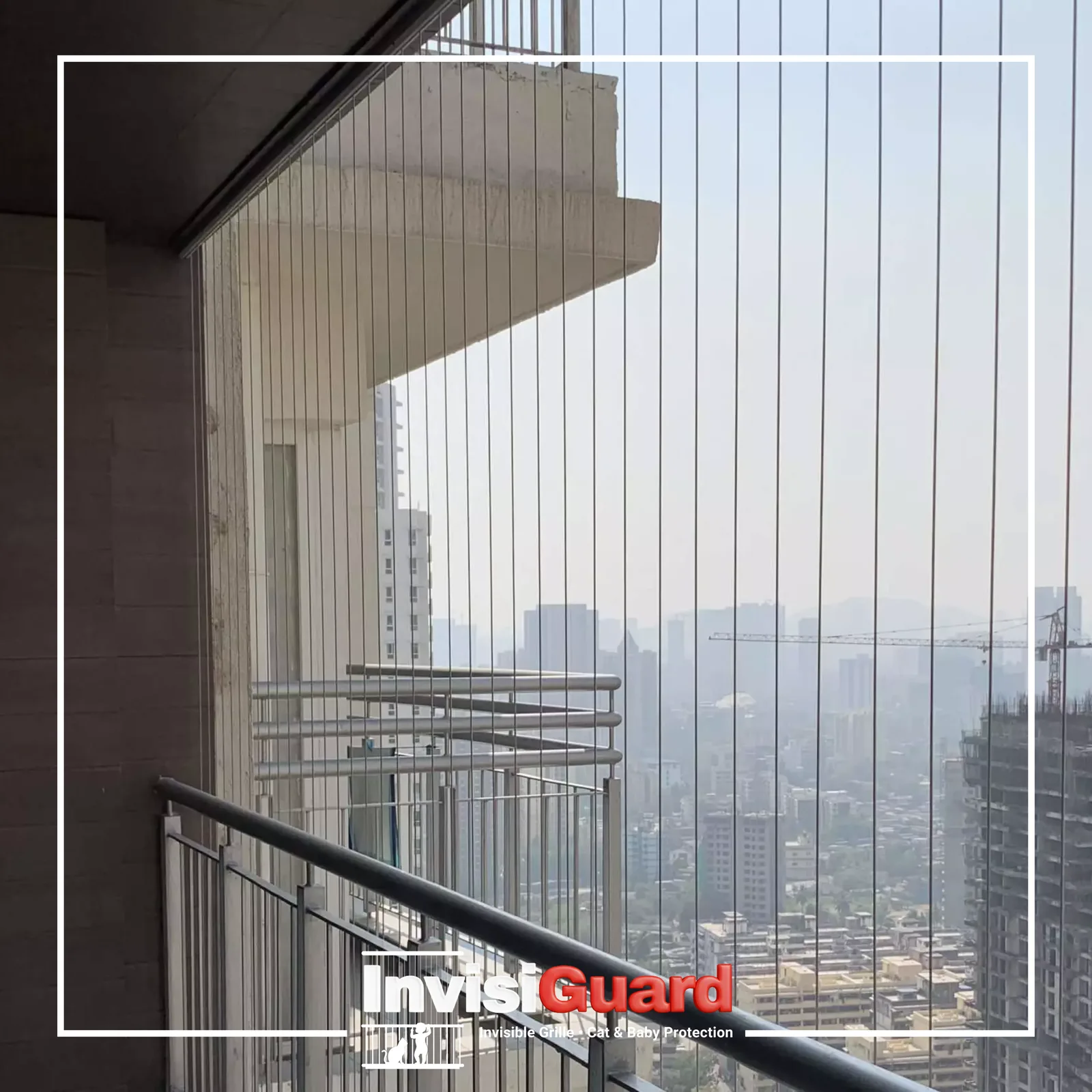 Invisible wire grill installed on condo balcony