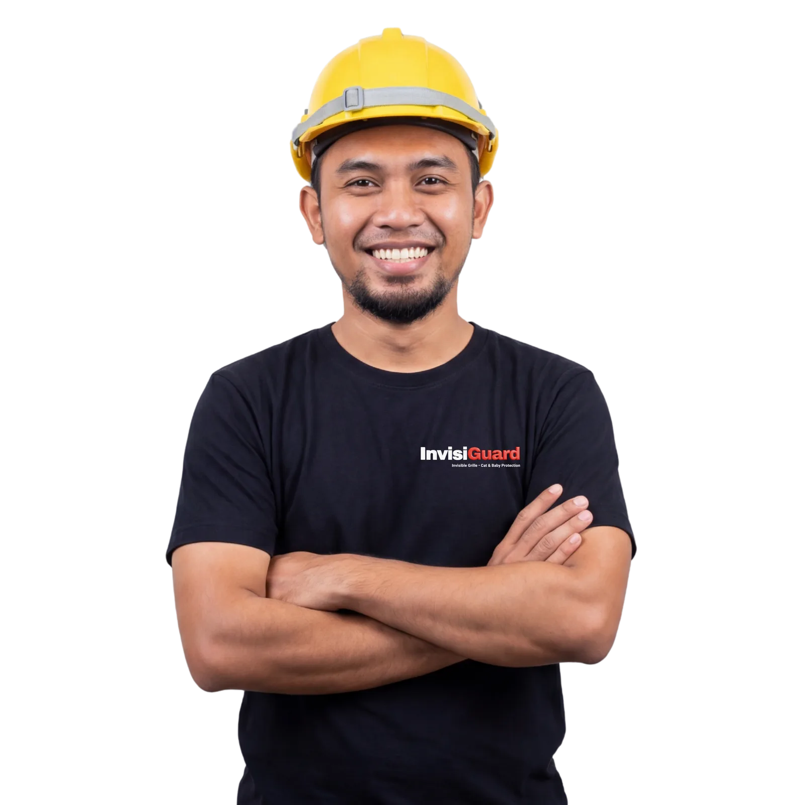 InvisiGuard installer in a yellow hard hat, arms crossed — invisible grill Malaysia team