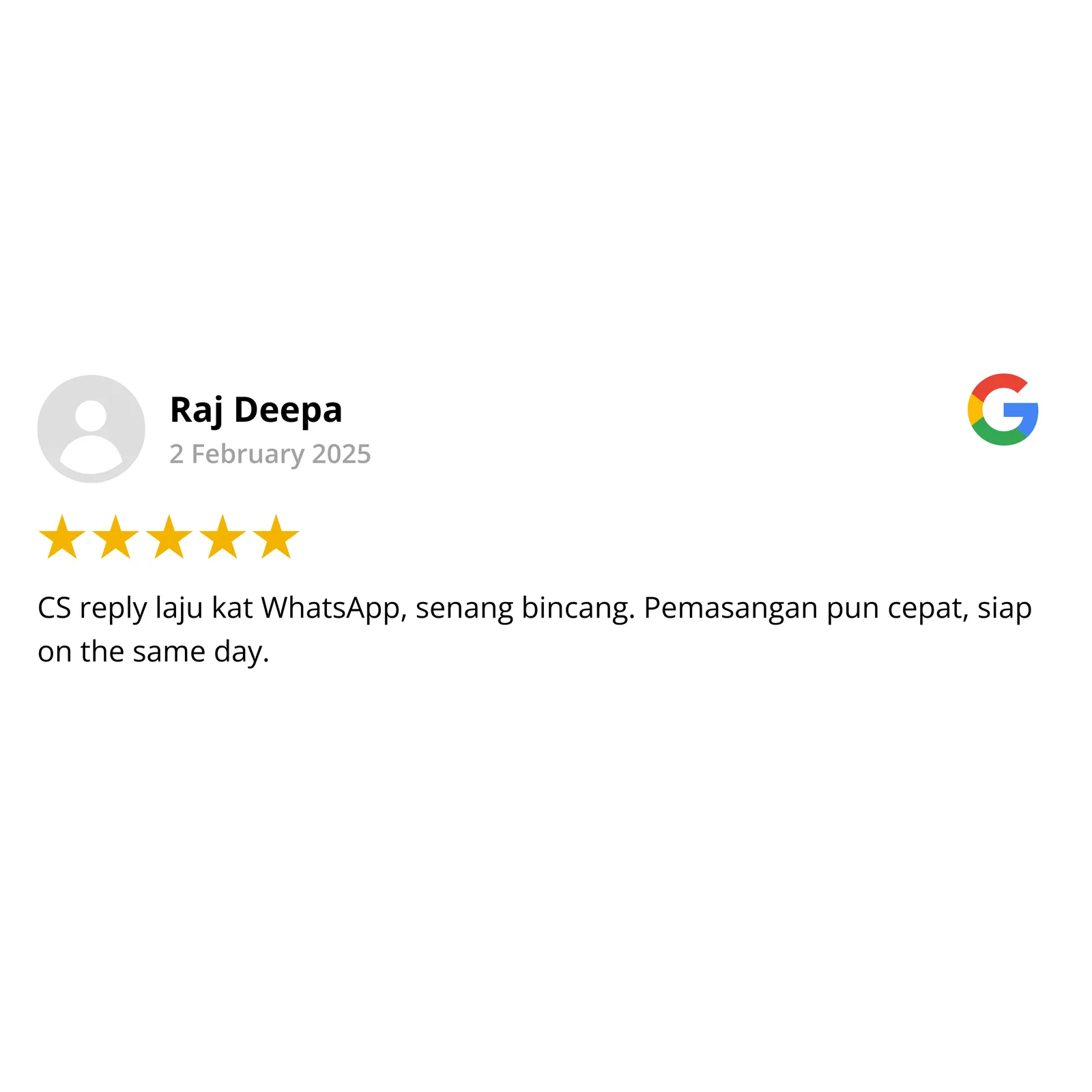 Google review by Raj Deepa, 5 stars — quick WhatsApp replies, invisible grill installed the same day