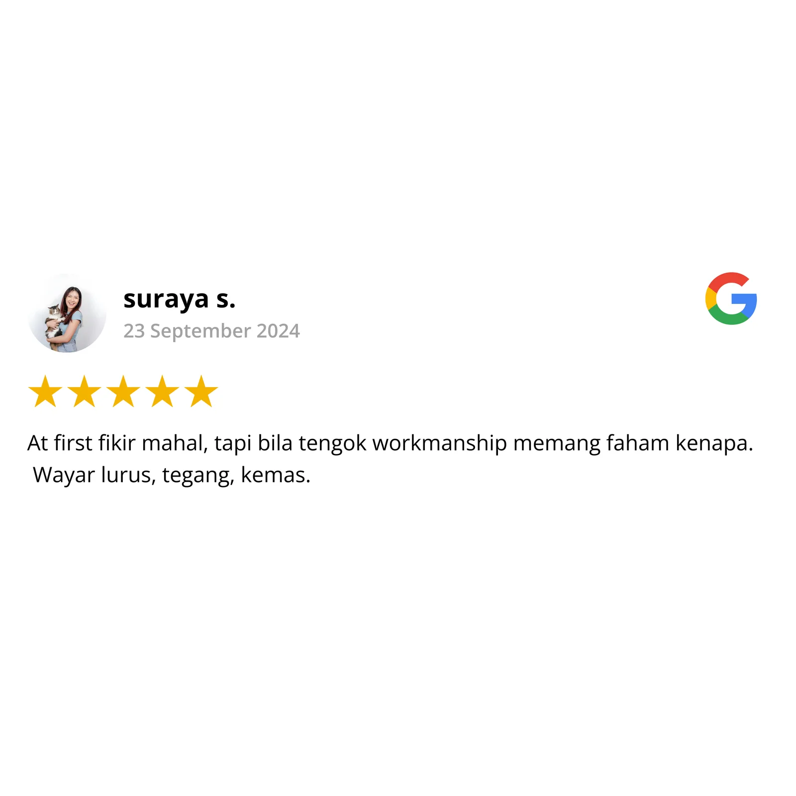 Google review by suraya s., 5 stars — invisible grill workmanship neat, wires straight and tight