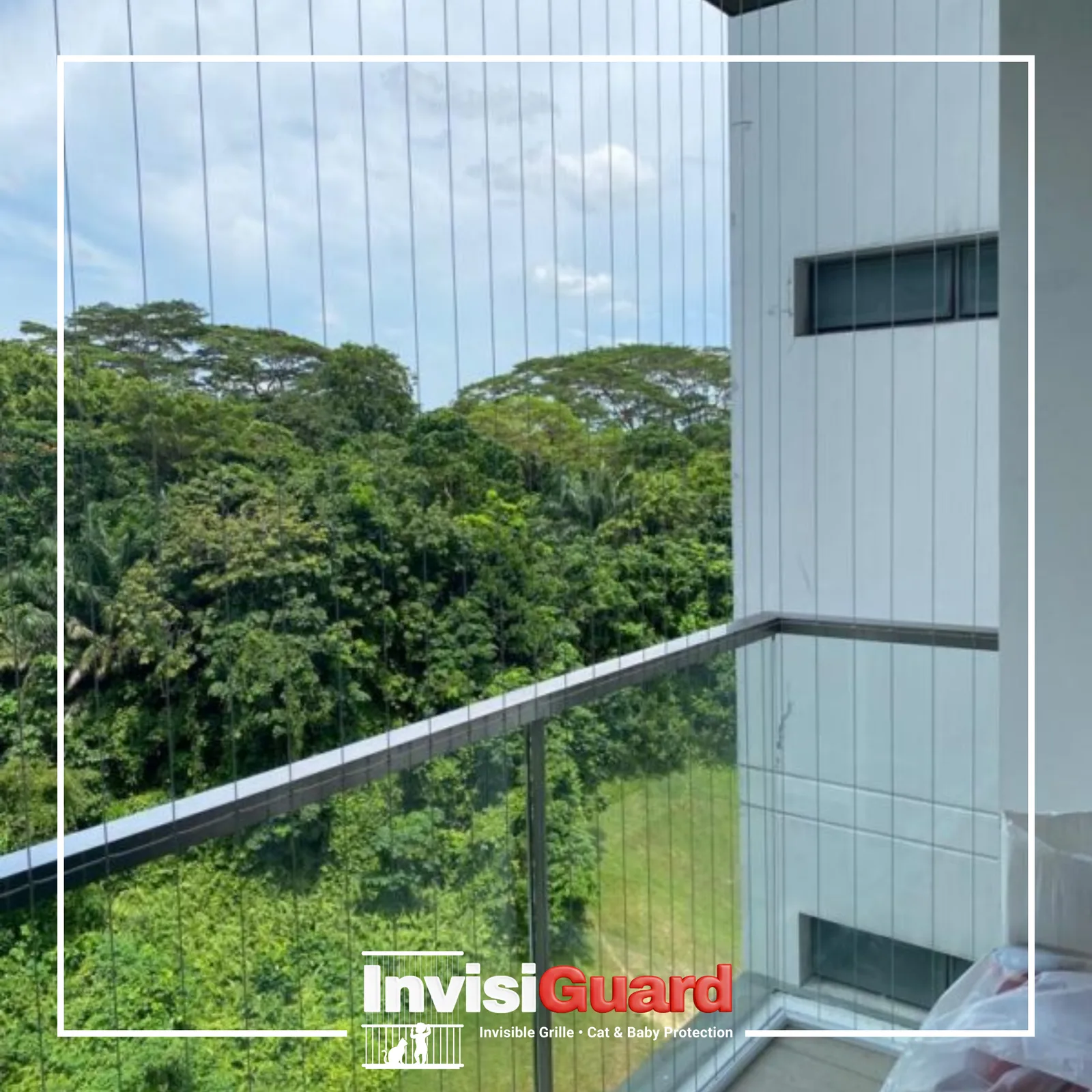 Balcony invisible grill design protecting babies and pets