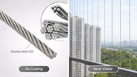 Standard invisible grill wire in stainless steel 316 (no coating) beside a condo balcony installation