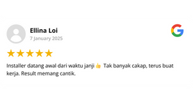 Google review by Ellina Loi, 5 stars — installer came early, invisible grill result looks beautiful