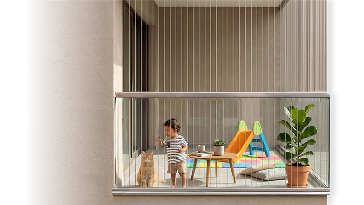 Toddler and cat playing safely on a balcony fitted with invisible grill