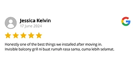 Google review by Jessica Kelvin, 5 stars — invisible grill made the home feel the same, only safer